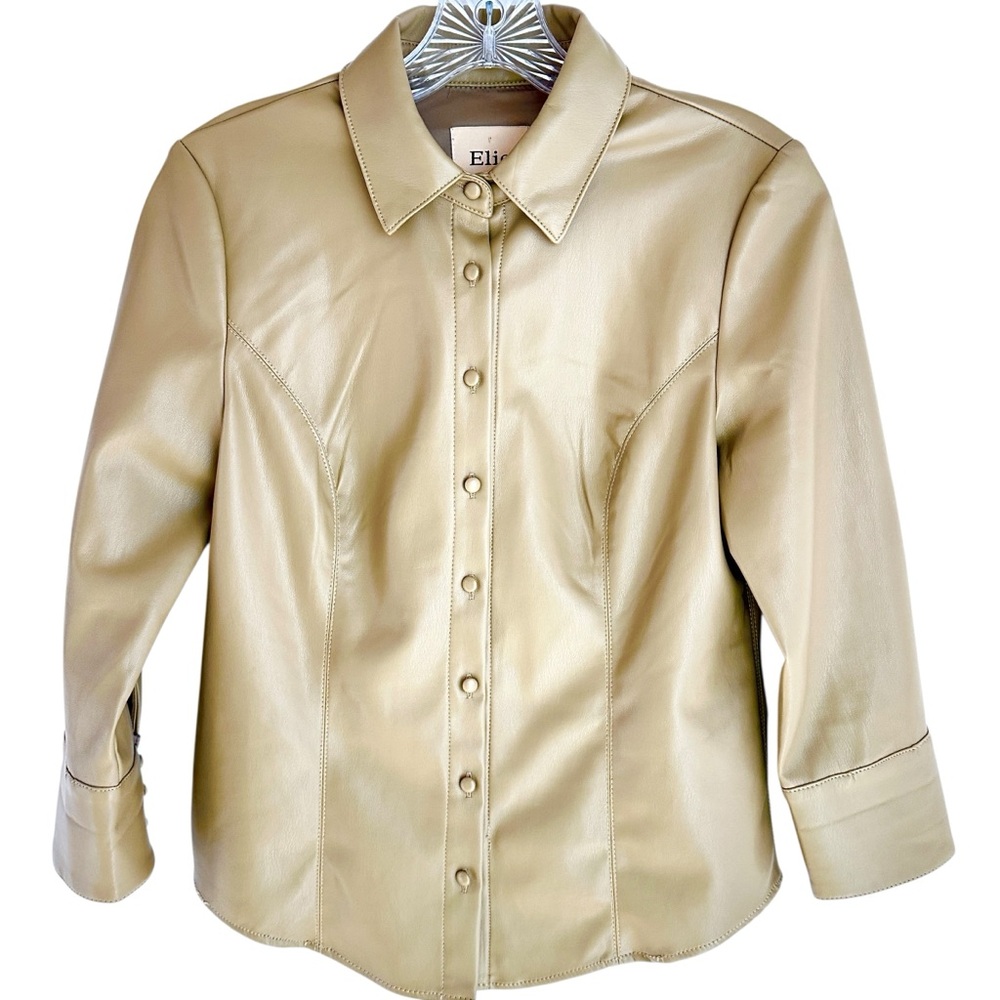Elie Tahari Tan Faux Leather Button Down Shirt Shacket Size XS